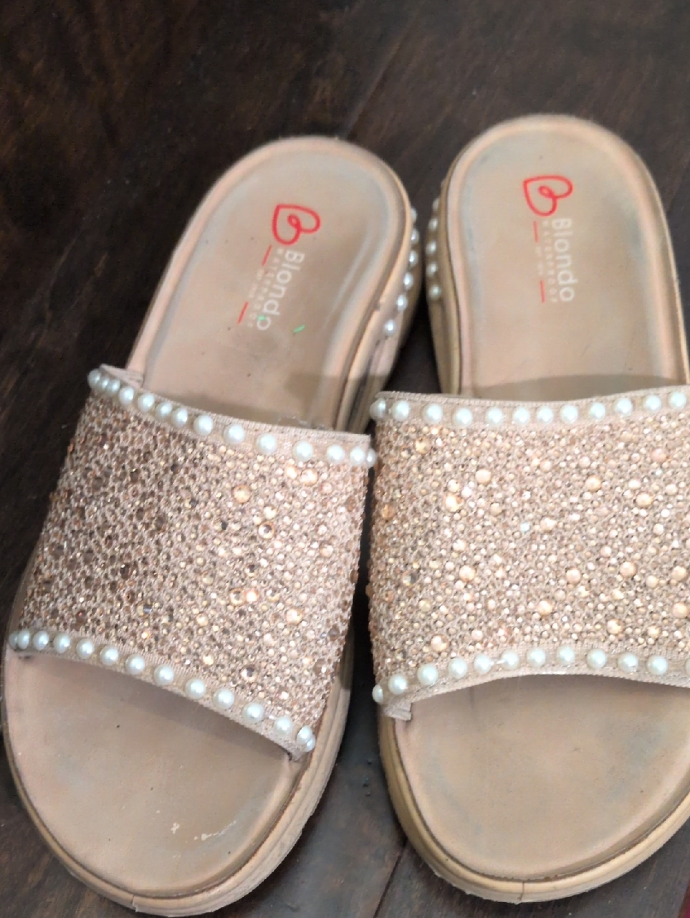 Blondo Rose Gold Pearl-Trim Slip-On Sandals